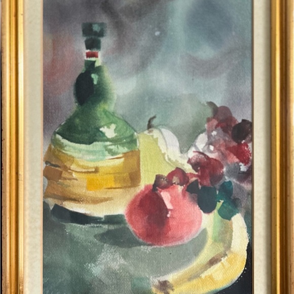 Watercolor Painting Still Life Signed Fruits Wine Realism Framed Vintage 11"x17" - Picture 8 of 8